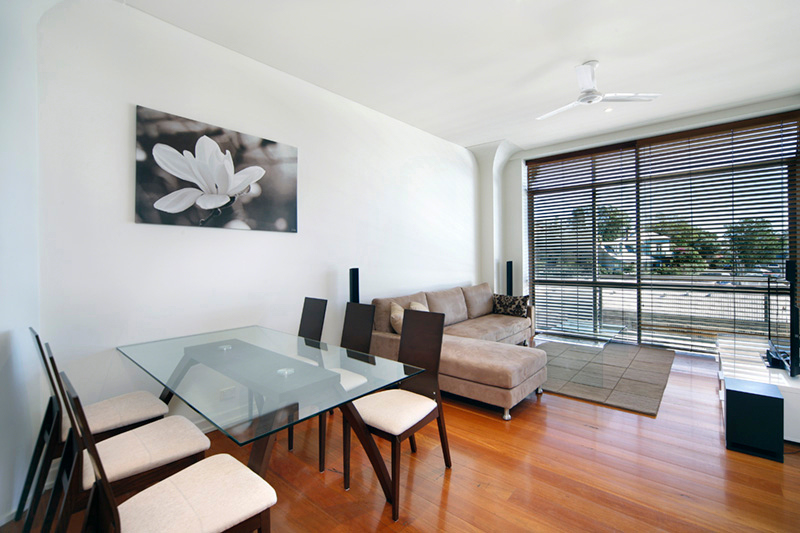 High-floor living and dining with water views in Balmain