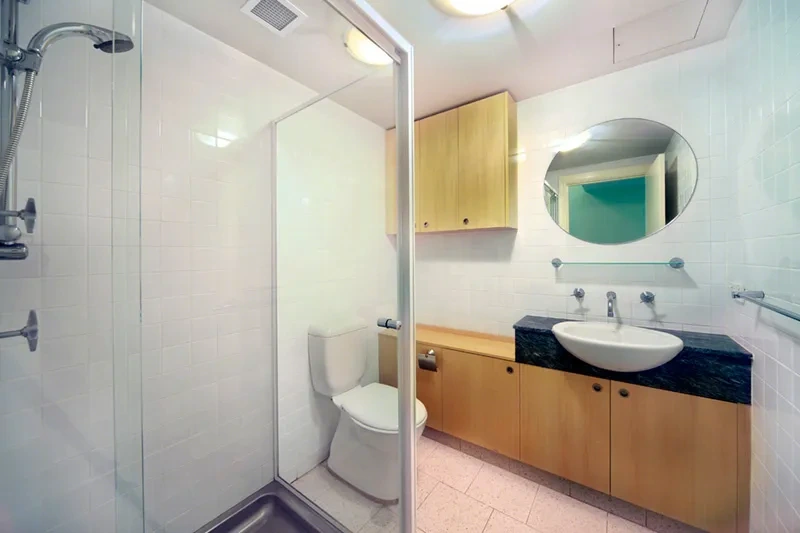 Bathroom with walk-in shower and vanity in the Balmain residence
