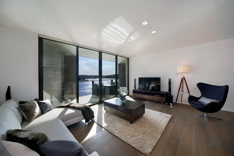 Open-plan living area with curated furnishings