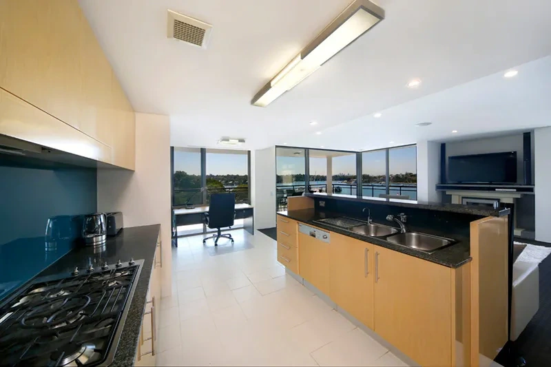 European-appointed kitchen in the water-view residence