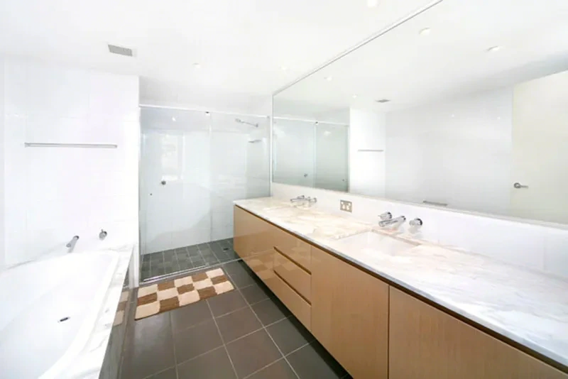 Marble ensuite with double vanity, bath and walk-in shower