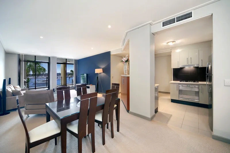 Open-plan dining area with water outlook in Rozelle