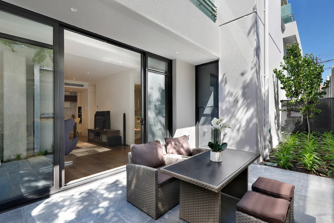 Garden terrace at the furnished Signature Residence in Toorak