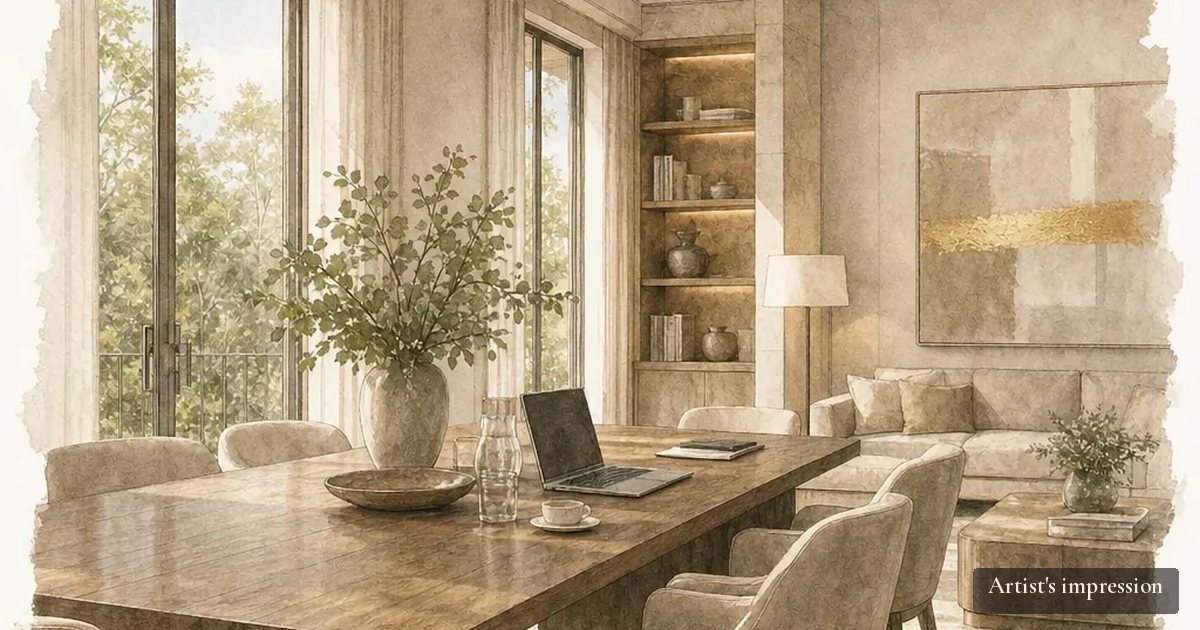 Painted artist’s impression of a calm, elegant furnished residence with a large dining table suited to a visiting corporate team, in the warm ivory and taupe Westprecinct style