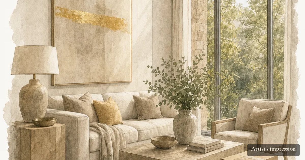 Painted artist’s impression of a calm, light-filled furnished residence living room with a few neatly stacked packing boxes, in the warm ivory and taupe Westprecinct style