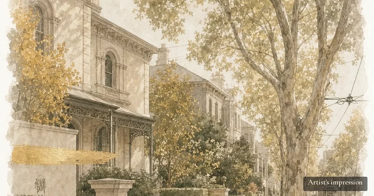 Painted artist’s impression of a gracious leafy inner south-east Melbourne streetscape with period homes, a plane tree and tram wires, in the warm ivory and taupe Westprecinct style